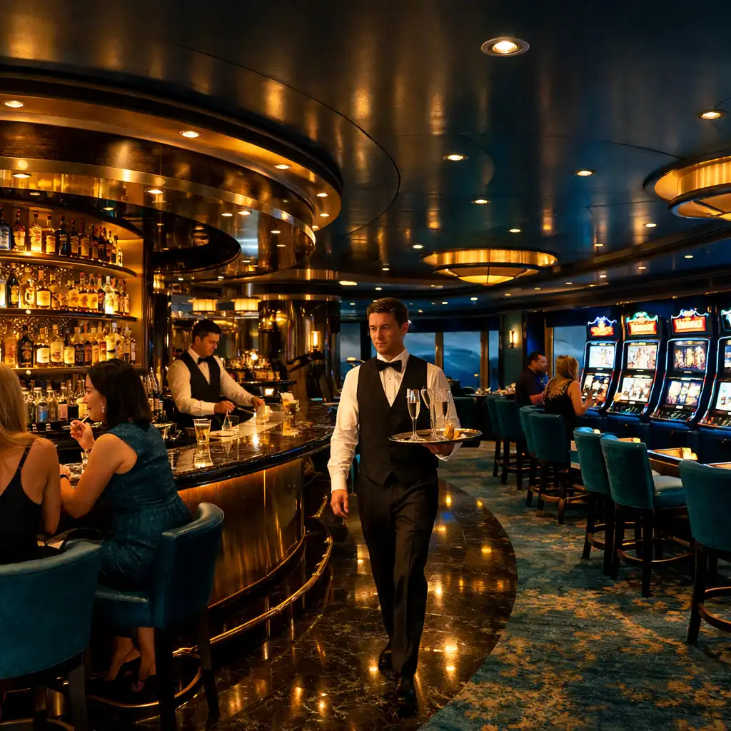 Panoramiczne ujęcie kasyna na statku z widokiem na bar i strefę automatów, w eleganckim, nastrojowym oświetleniu