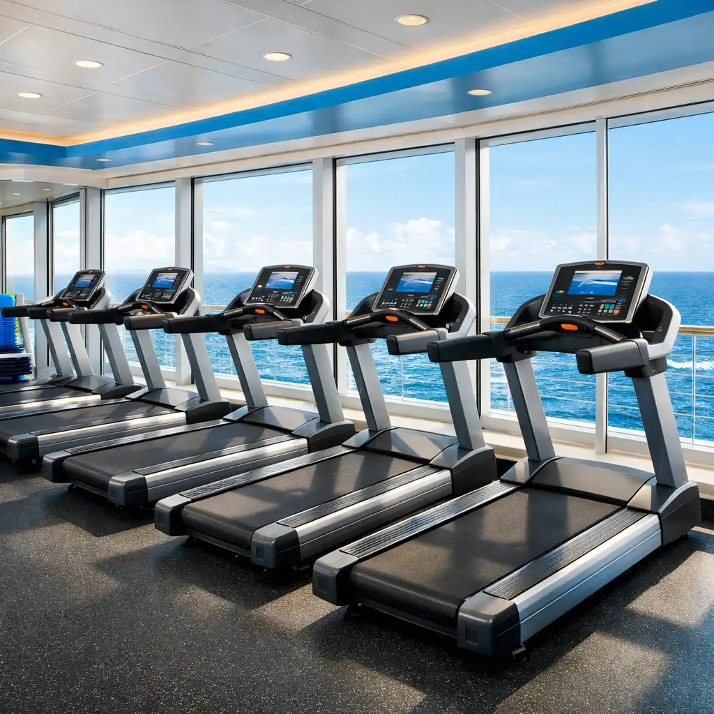Centrum fitness na statku z rzędem bieżni skierowanych w stronę okien z widokiem na ocean