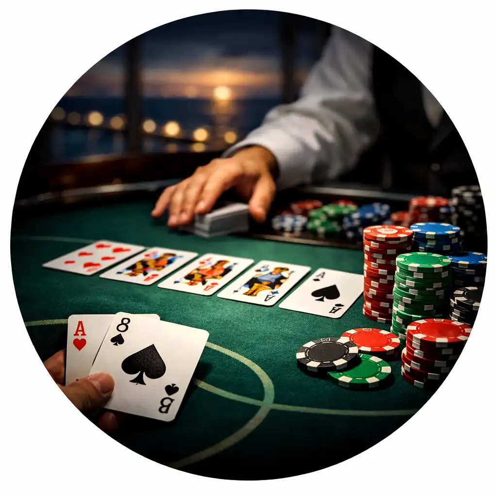 Zbliżenie na stół pokerowy z filcową powierzchnią, kartami i żetonami